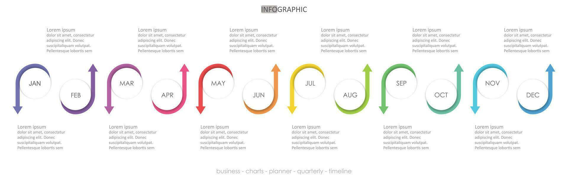 bedrijf project cirkel pijl omhoog naar beneden tijdlijn diagram infographic routekaart sjabloon voor bedrijf. 12 maand modern tijdlijn grafieken ontwerper diagram kalender met presentatie vector infographics.