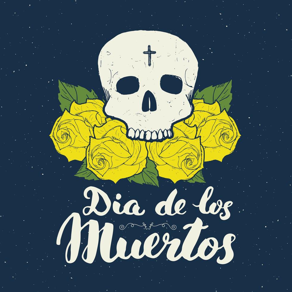 dag van de doden, belettering citaat met handgetekende schedel en rozen, vintage label, typografieontwerp of t-shirt print, vectorillustratie vector