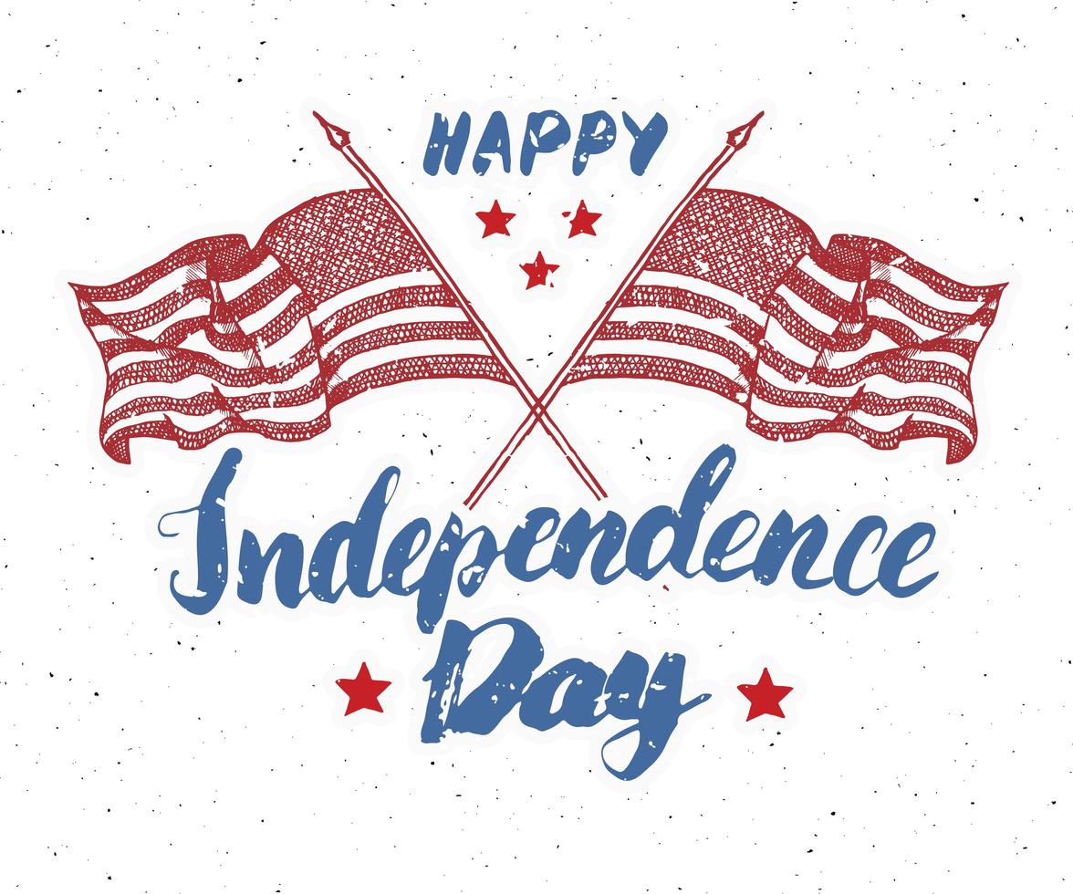gelukkige onafhankelijkheidsdag, vierde juli, vintage wenskaart met vlaggen van de VS, viering van de Verenigde Staten van Amerika. hand belettering, Amerikaanse vakantie grunge getextureerde retro ontwerp vectorillustratie. vector
