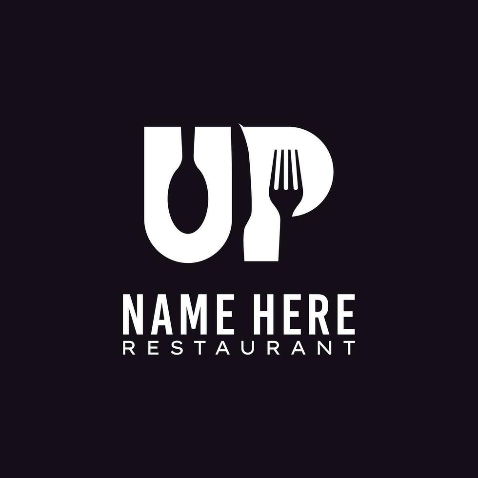 top restaurant logo. initialen u p met lepel, vork en mes negatief ruimte vector