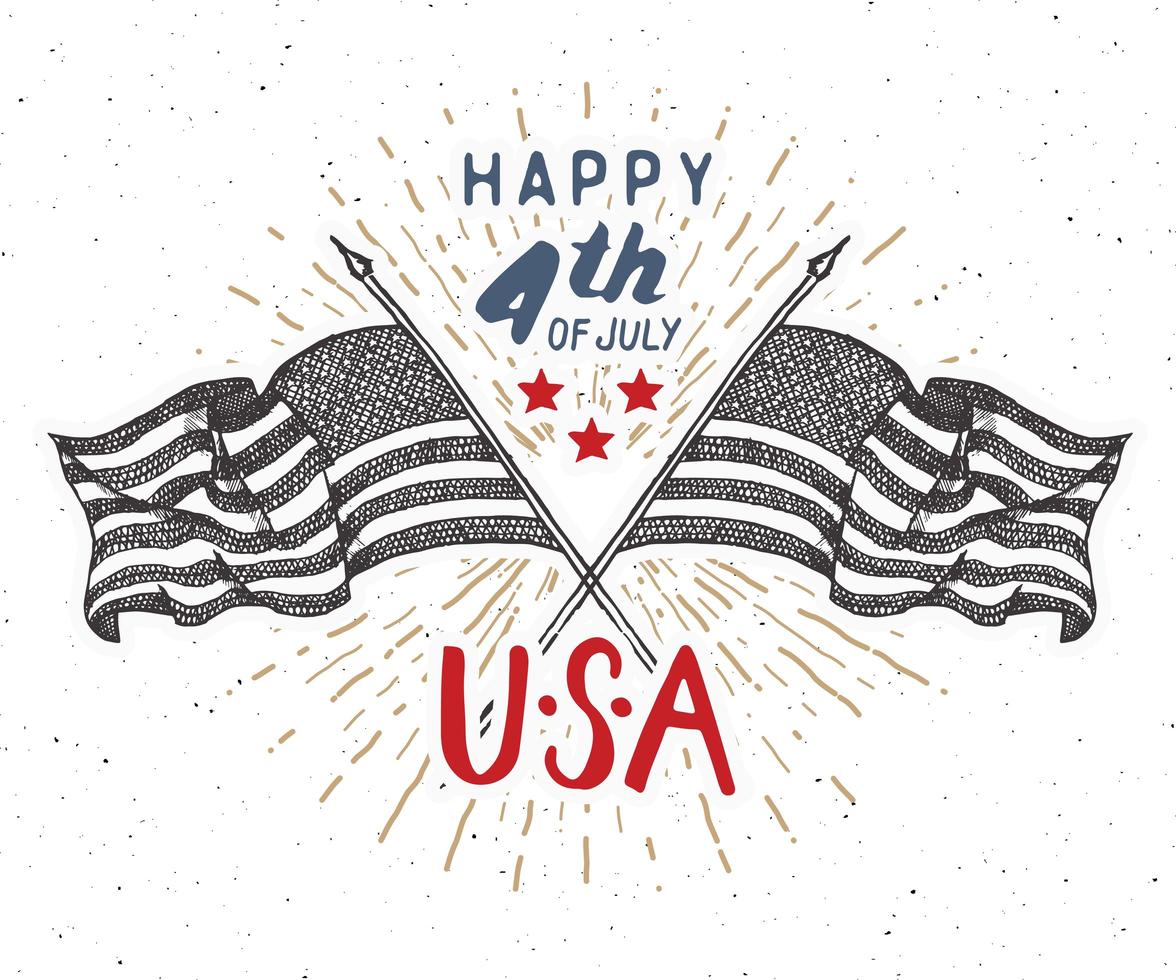 gelukkige onafhankelijkheidsdag, vierde juli, vintage wenskaart met vlaggen van de VS, viering van de Verenigde Staten van Amerika. hand belettering, Amerikaanse vakantie grunge getextureerde retro ontwerp vectorillustratie. vector