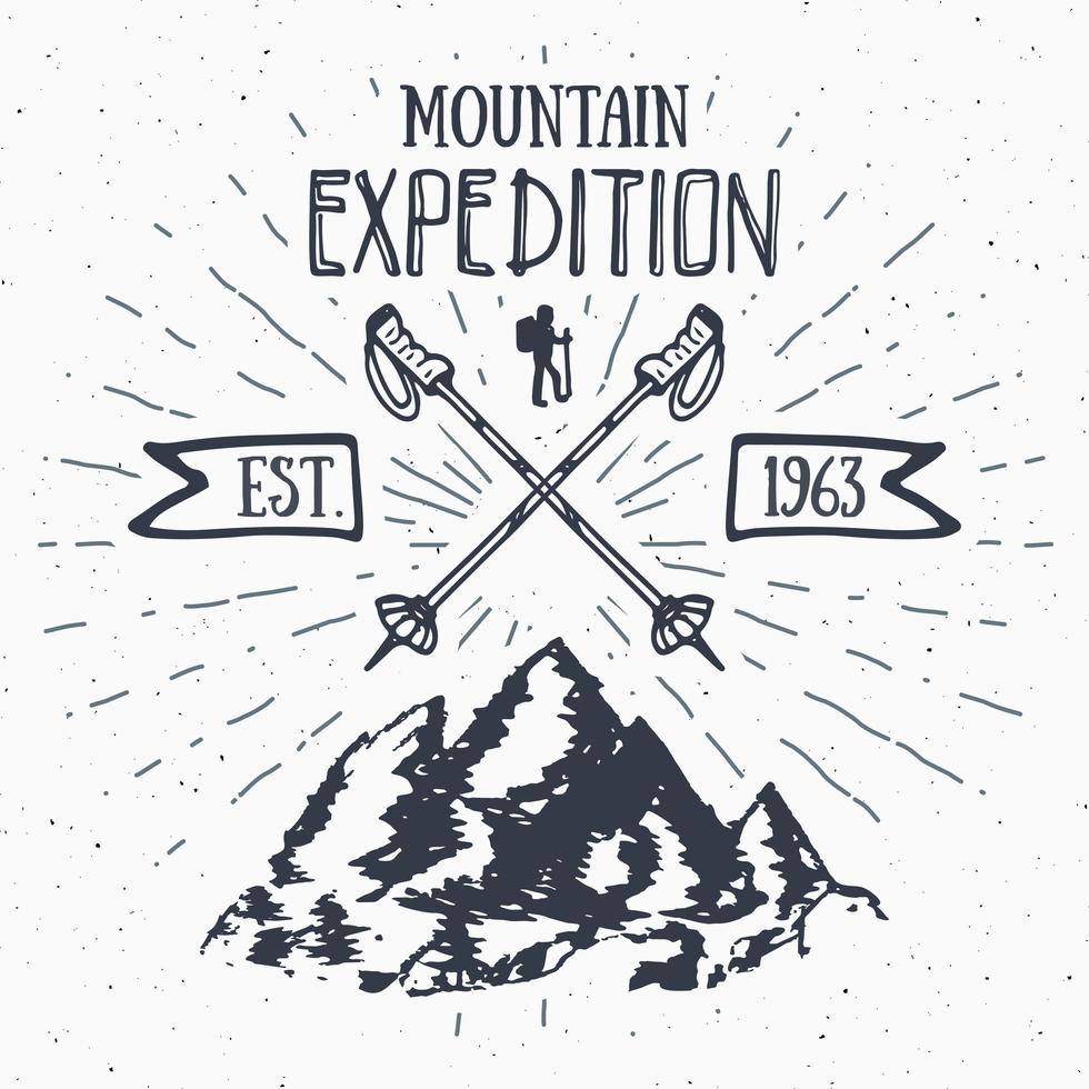 berg expeditie vintage label retro badge. hand getekend geweven embleem buiten wandelen avontuur en bergen verkennen, extreme sporten, grunge hipster ontwerp, typografie print vectorillustratie vector