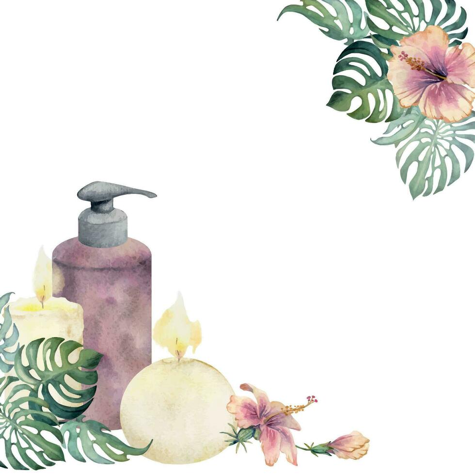 hand- getrokken waterverf spa huidsverzorging bad schoonheid producten pakket met bloemen en bladeren. kader grens. geïsoleerd Aan wit achtergrond. ontwerp voor welzijn toevlucht, afdrukken, kleding stof, omslag, kaart, boekje. vector