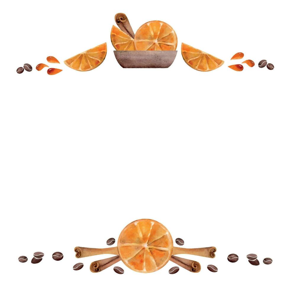 waterverf hand- getrokken grens kader met koffie kopjes, bonen, oranje plakjes, sap druppels, kaneel stok. geïsoleerd Aan wit achtergrond. voor uitnodigingen, cafe, restaurant voedsel menu, afdrukken, website, kaarten vector