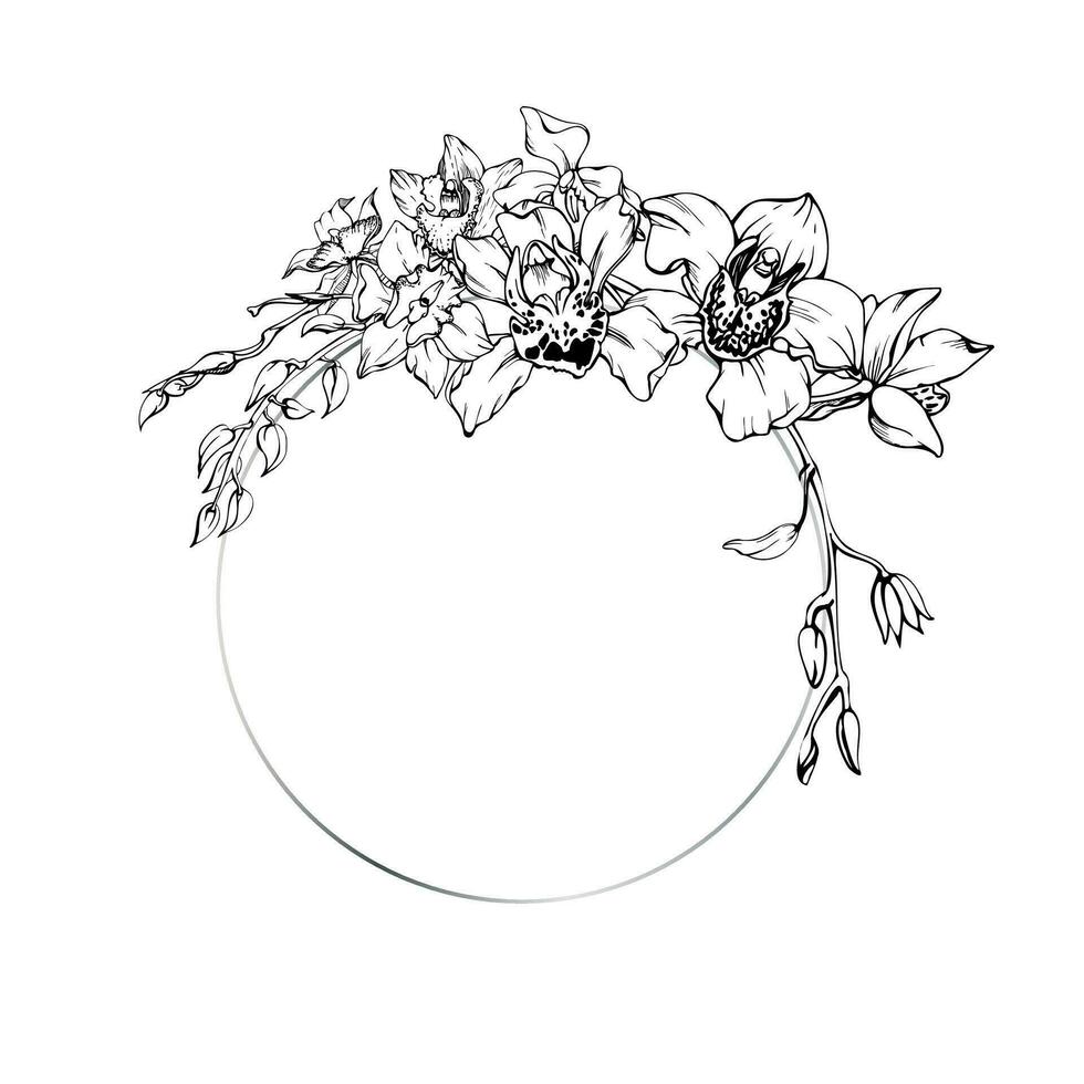 hand- getrokken vector inkt orchidee bloemen en takken, monochroom, gedetailleerd schets. cirkel krans samenstelling. geïsoleerd Aan wit achtergrond. ontwerp voor muur kunst, bruiloft, afdrukken, tatoeëren, omslag, kaart.