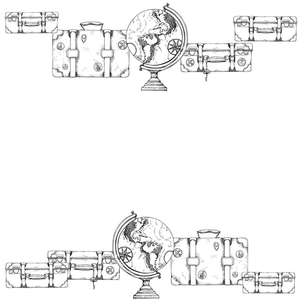 inkt hand- getrokken vector grafisch schetsen. plein grens kader. oud retro wijnoogst leer koffers bagage bagage, wereldbol. ontwerp toerisme, reis, brochure, boekje, bruiloft, gids, afdrukken, kaart, tatoeëren.