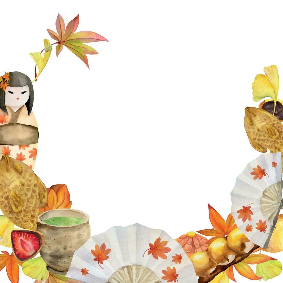waterverf hand- getrokken traditioneel Japans snoepgoed. krans van herfst wagashi met bladeren, voorwerpen. geïsoleerd Aan wit achtergrond. ontwerp voor uitnodigingen, restaurant menu, groet kaarten, afdrukken, textiel vector