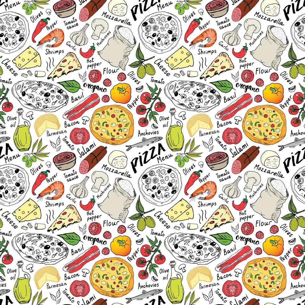 pizza naadloze patroon hand getrokken schets. pizza doodles voedsel achtergrond met bloem en andere voedselingrediënten, oven en keukengerei. vector illustratie