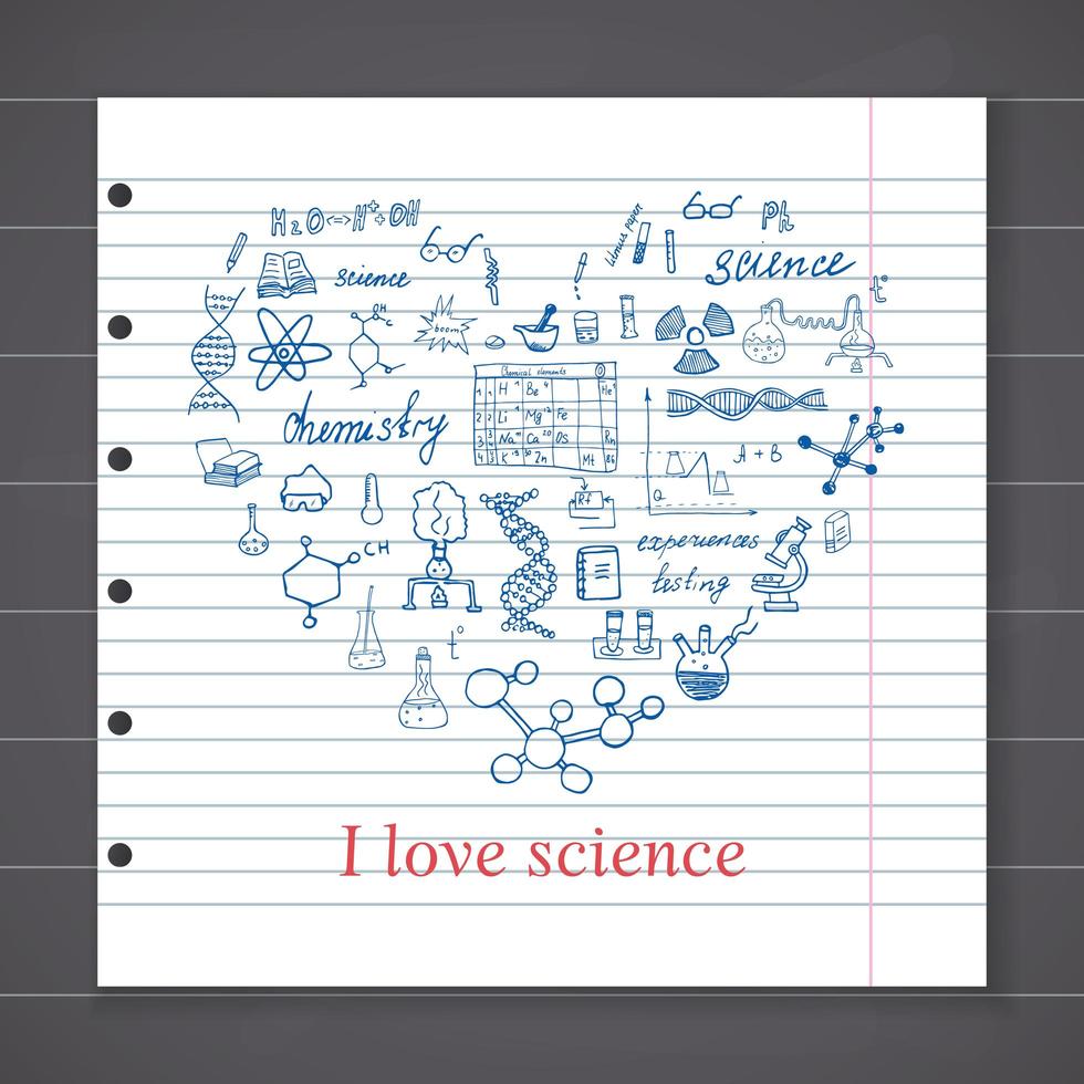 chemie en sciense elementen doodles pictogrammen instellen. hand getrokken schets met microscoop, formules, experimenten apparatuur, analyse-instrumenten, vectorillustratie op schoolbord achtergrond vector