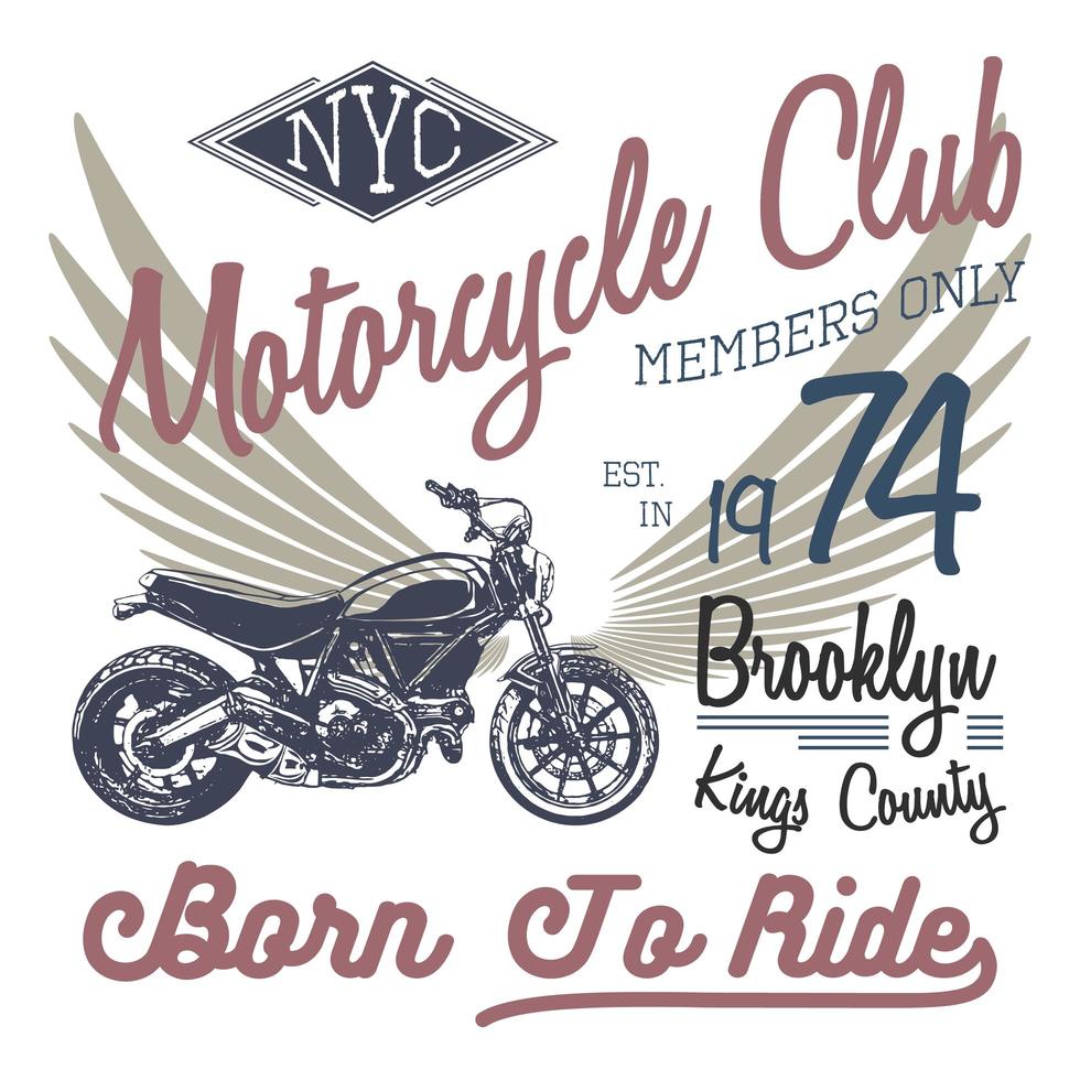 t-shirt typografieontwerp, motorfiets vector, nyc afdrukken afbeeldingen, typografische vectorillustratie, new york rijders grafisch ontwerp voor label of t-shirt print, badge, applique vector