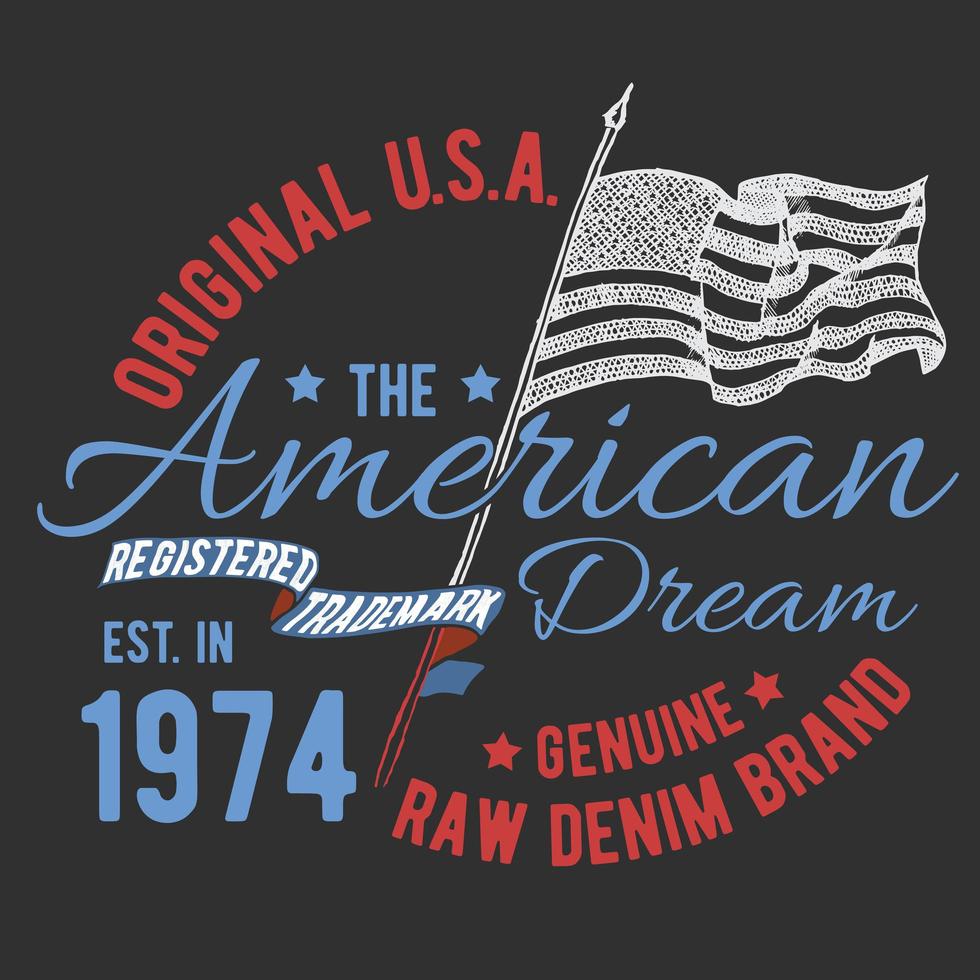 t-shirt typografieontwerp, grafische afdrukken van de VS, typografische Amerikaanse vectorillustratie, grafisch ontwerp van de Verenigde Staten voor label of t-shirt afdrukken, badge, poster vector