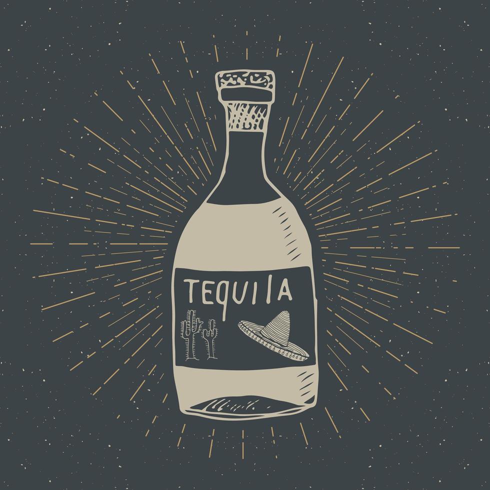 vintage label, hand getrokken fles tequila Mexicaanse traditionele alcoholische drank schets, grunge getextureerde retro badge, embleem ontwerp, typografie t-shirt print, vector illustratie
