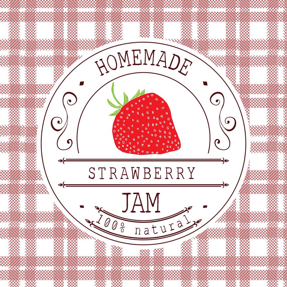 jam label ontwerpsjabloon. voor aardbeidessertproduct met hand getrokken geschetst fruit en achtergrond. doodle vector aardbei illustratie merkidentiteit