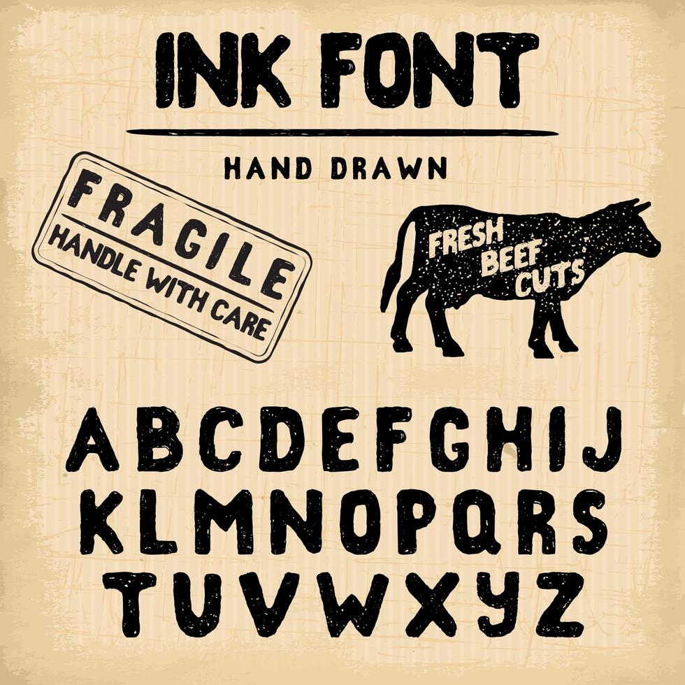 handgemaakte inktstempel lettertype. handgeschreven alfabet. vintage retro getextureerde handgetekende lettertype met grunge-effect, goed voor een aangepast logo of emblrm. vector illustratie. op retro papier achtergrond