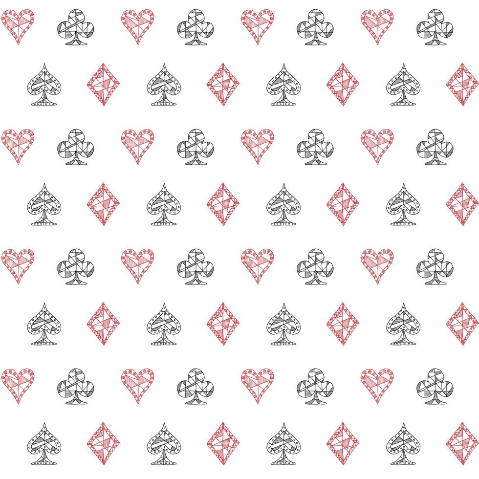 hand getrokken geschetste speelkaarten symbool naadloze patroon, poker, blackjack achtergrond, doodle harten diamanten schoppen en clubs symbolen vector