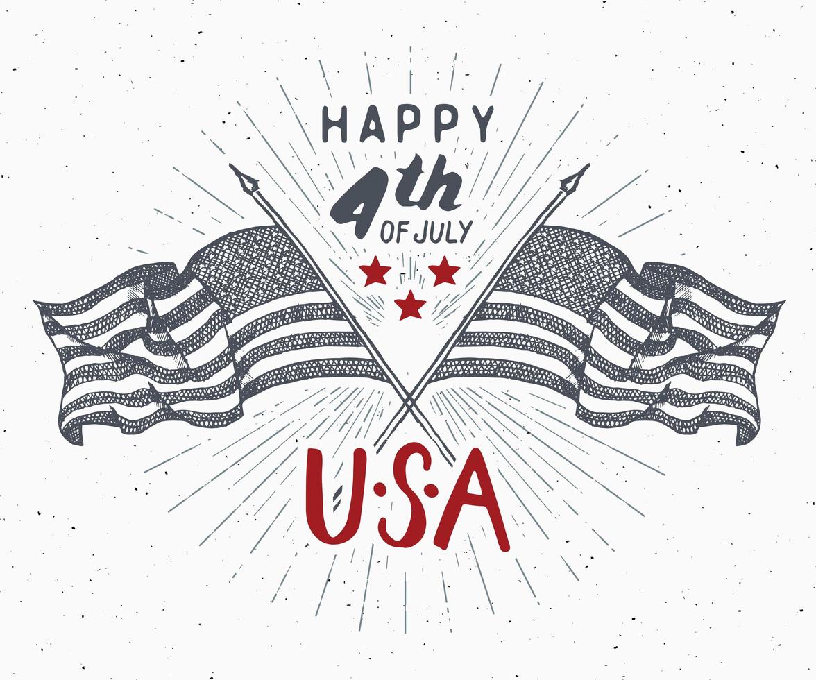 gelukkige onafhankelijkheidsdag, vierde juli, vintage wenskaart met vlaggen van de VS, viering van de Verenigde Staten van Amerika. hand belettering, Amerikaanse vakantie grunge getextureerde retro ontwerp vectorillustratie. vector