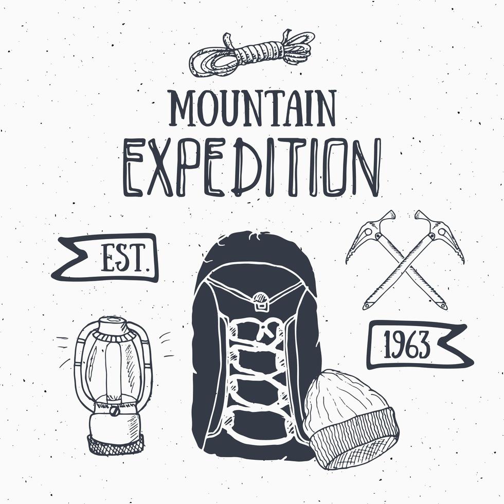 berg expeditie vintage set. hand getrokken schetselementen voor retro kentekenembleem, openluchtwandelavontuur en bergen die etiketontwerp, extreme sporten, vectorillustratie onderzoeken. vector