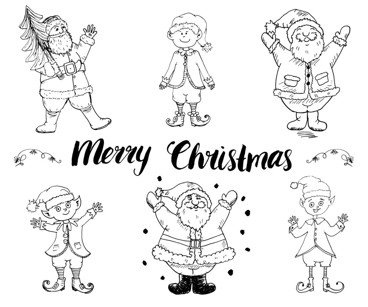 kerstman en elfs, kabouters hand getrokken set. vrolijk kerstfeest belettering. vectorillustratie geïsoleerd op wit. vector