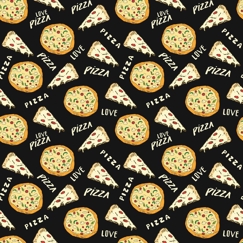 pizza naadloze patroon hand getrokken schets. pizza slice doodles en woorden pizza love food achtergrond. vector illustratie