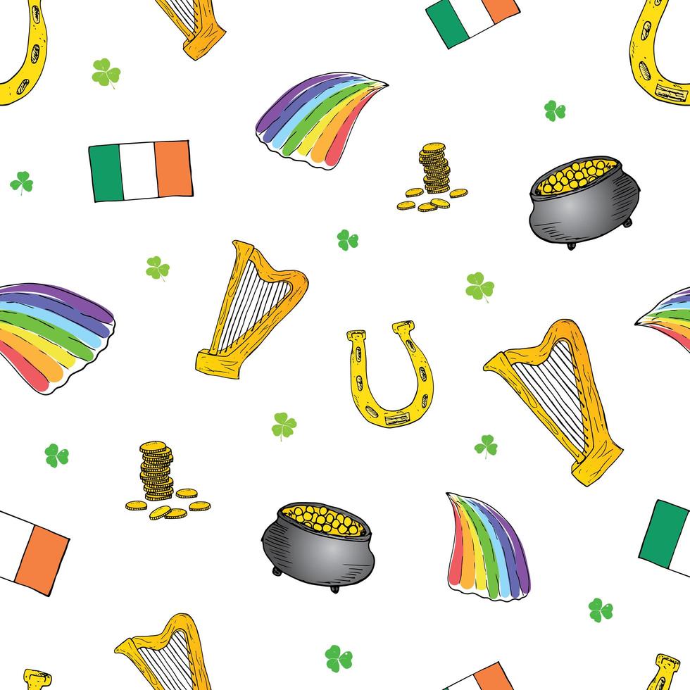 st patrick's day hand getrokken doodle naadloze patroon, met kabouter pot met gouden munten, regenboog, bier, klavertje vier, hoefijzer, Keltische harp en vlag van ierland vector illustratie achtergrond.