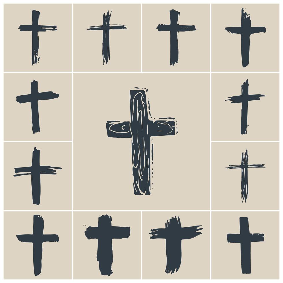 grunge hand getekend kruis symbolen set. christelijke kruisen, religieuze tekens pictogrammen, kruisbeeld symbool vectorillustratie. vector