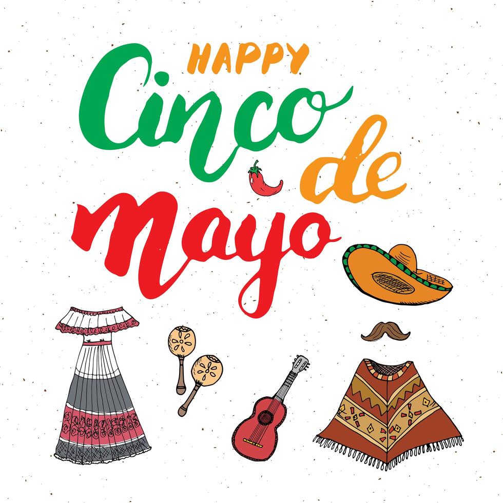 happy cinco de mayo wenskaart hand belettering. mexicaanse vakantie. vectorillustratie geïsoleerd op een witte achtergrond. vector