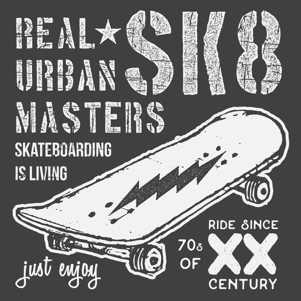 t-shirt typografieontwerp, skateboardafbeeldingen, typografisch skateboarden vectorillustratie, stedelijke skaters grafisch ontwerp voor label of t-shirt print, badge, applique vector