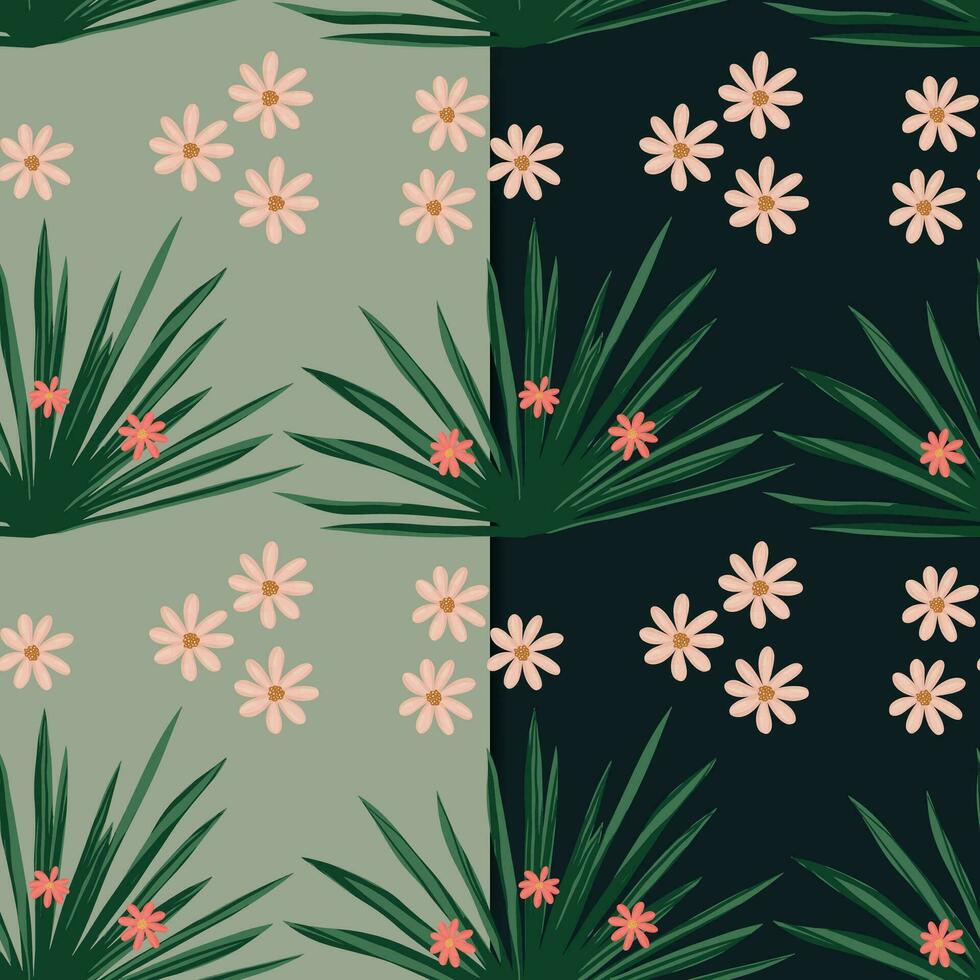 hand- getrokken bloemen en gras vector naadloos patroon