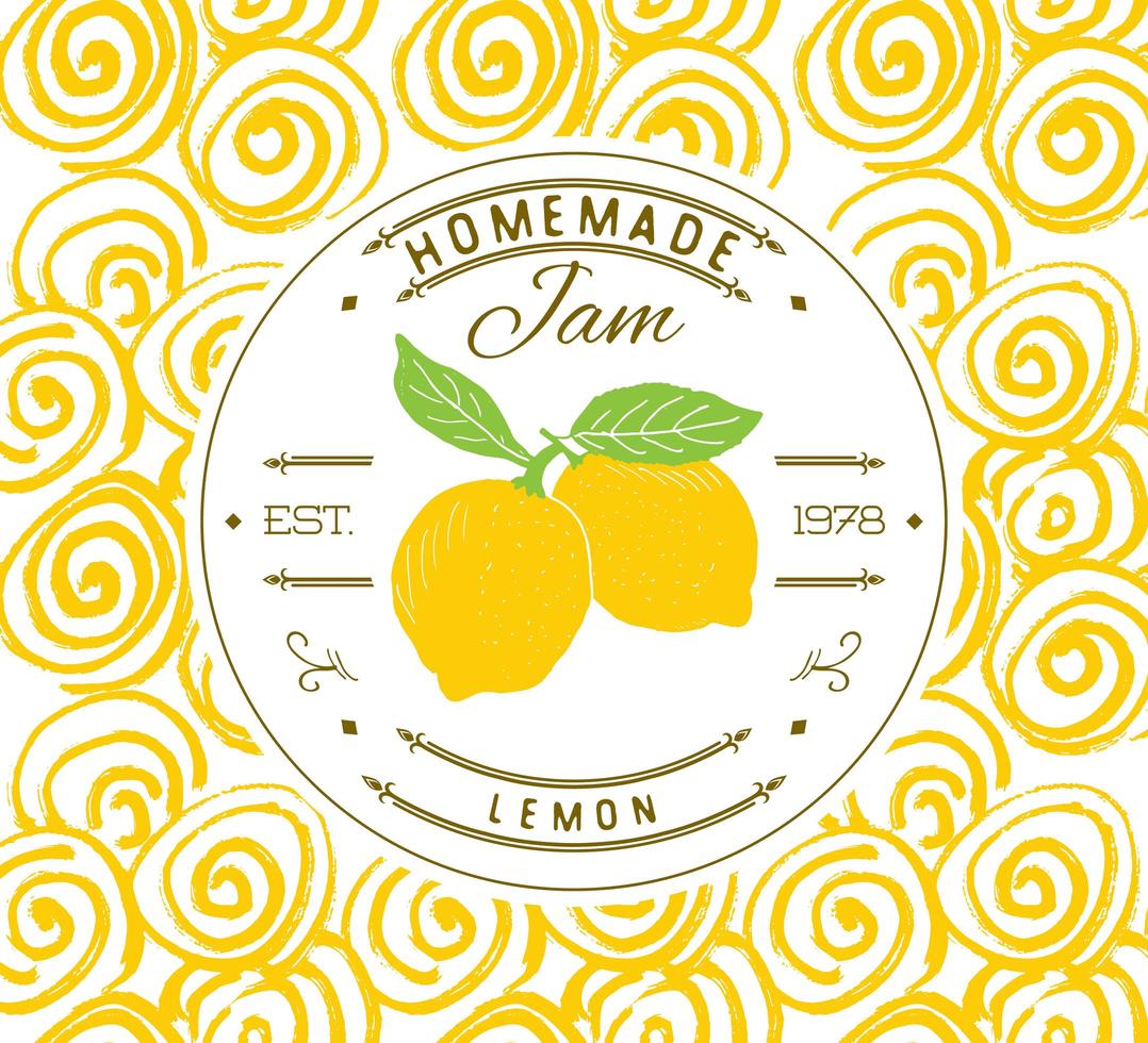 jam label ontwerpsjabloon. voor citroendessertproduct met hand getrokken geschetst fruit en achtergrond. doodle vector citroen illustratie merkidentiteit