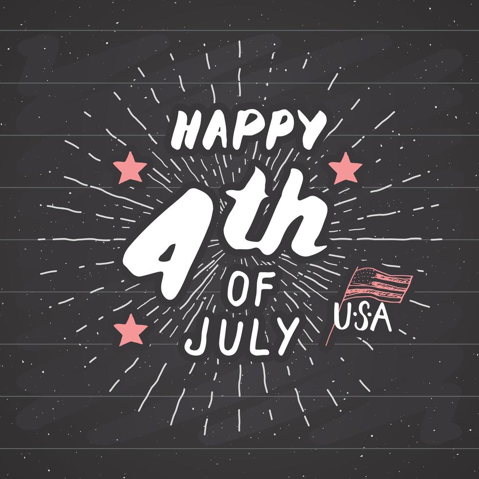 gelukkige onafhankelijkheidsdag, vierde juli, vintage usa wenskaart, viering van de verenigde staten van amerika. hand belettering, Amerikaanse vakantie grunge getextureerde retro ontwerp vectorillustratie op schoolbord vector