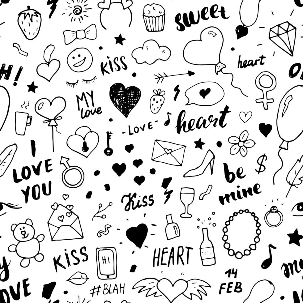 liefde en valentijn dag naadloze patroon vectorillustratie. hand getrokken getekende doodle romantische symbolen achtergrond vector