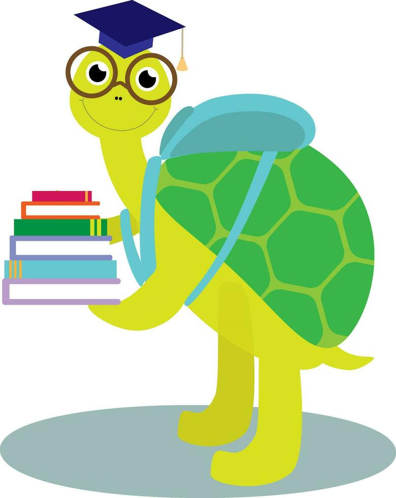 vector illustratie van schattig schildpad in bril met stapel van boeken en leerling pet in tekenfilm stijl. terug naar school- sjabloon