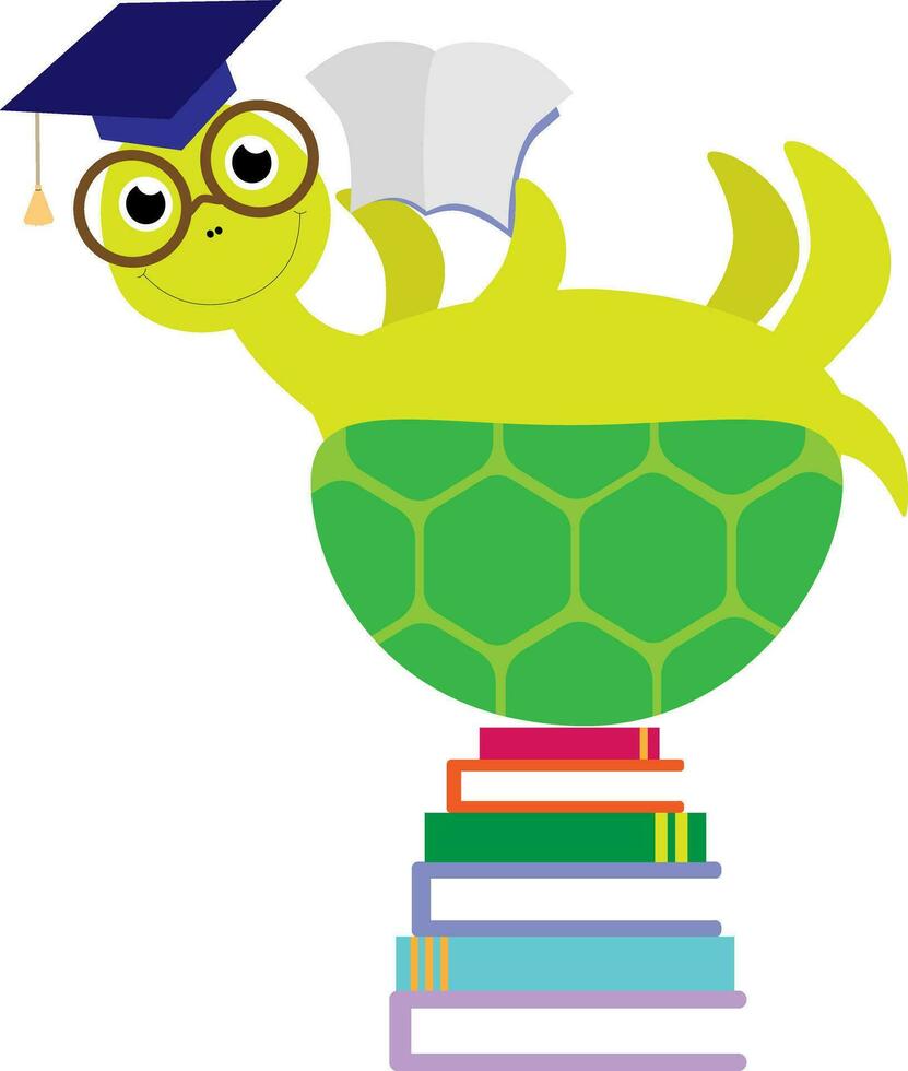 vector illustratie van schattig schildpad in bril met stapel van boeken in tekenfilm stijl. terug naar school- sjabloon