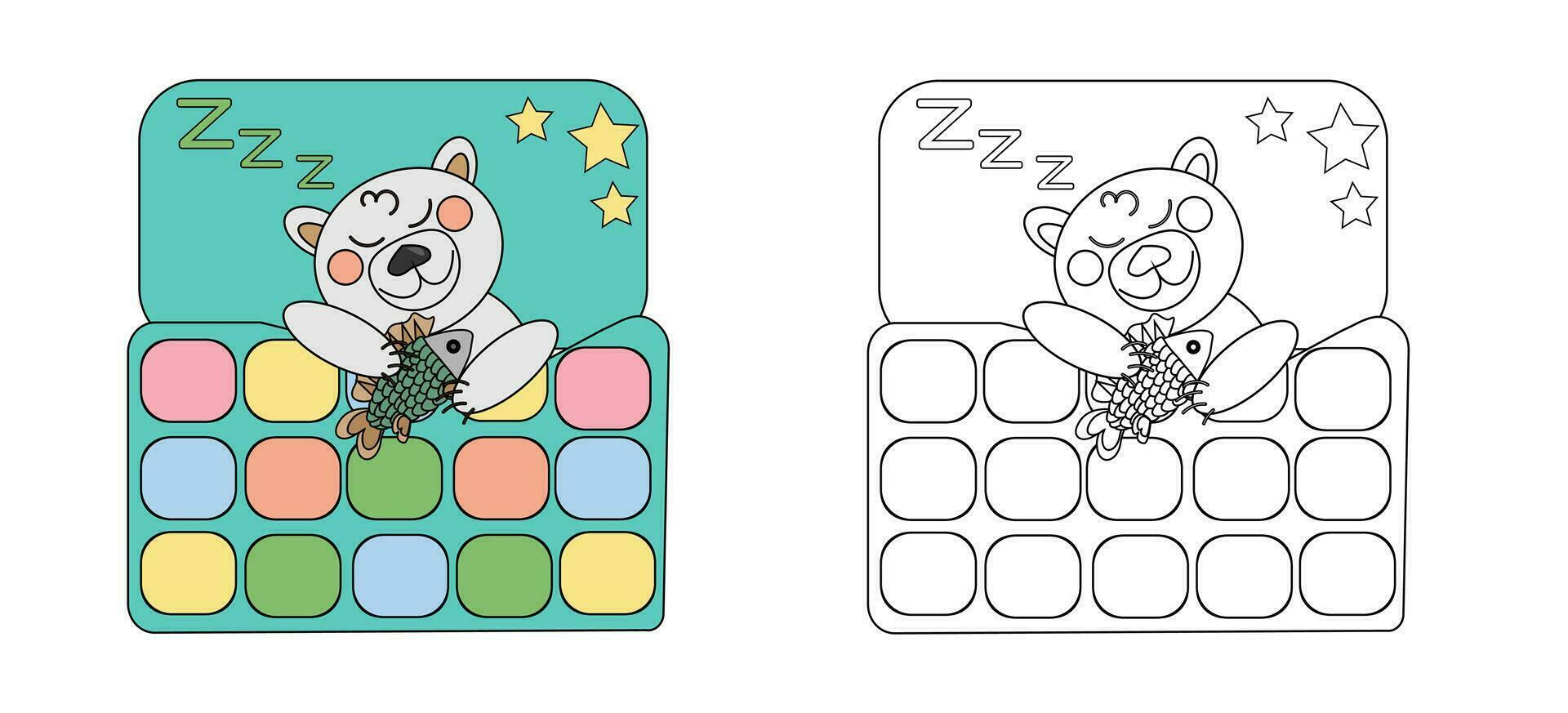 vector illustratie kleur boek polair baby beer met vis slapen onder een lapwerk dekbed. een schets zwart en wit tekening en een kleur versie voor een voorbeeld.