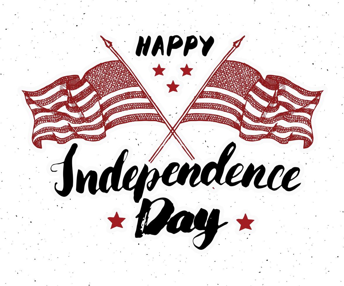 gelukkige onafhankelijkheidsdag, vierde juli, vintage wenskaart met vlaggen van de VS, viering van de Verenigde Staten van Amerika. hand belettering, Amerikaanse vakantie grunge getextureerde retro ontwerp vectorillustratie. vector