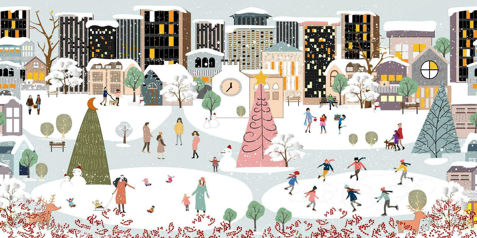 winter landschap achtergrond, kerstmis nacht in stad, vector banier schattig winter wonderland in de stad, mensen viering in de park Aan nieuw jaar, spandoek ontwerp voor vrolijk kerst, nieuw jaar 2024 kaart