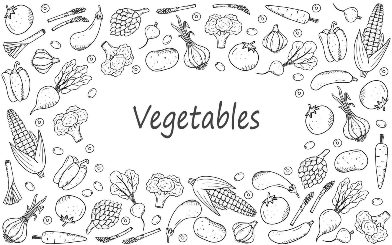 verzameling van tekening groenten in tekening stijl. een reeks van vector illustraties van de oogst maïs aardappelen wortels radijs bieten knoflook uien tomaten, enz.