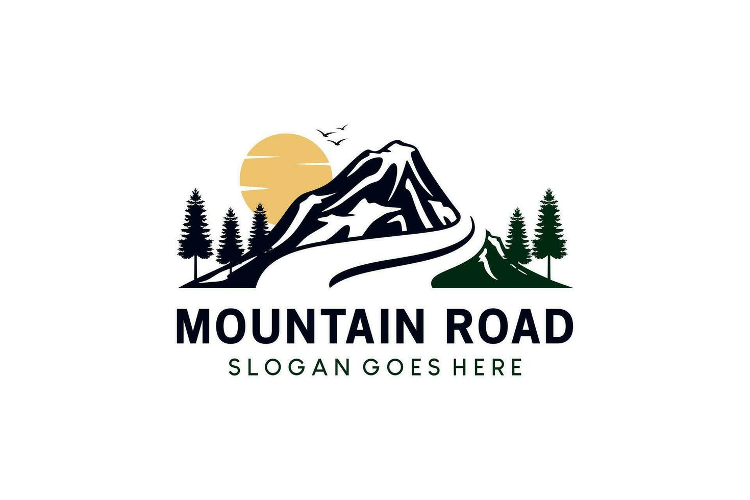 berg weg logo ontwerp, vector illustratie van berg kronkelend pad met mooi panorama