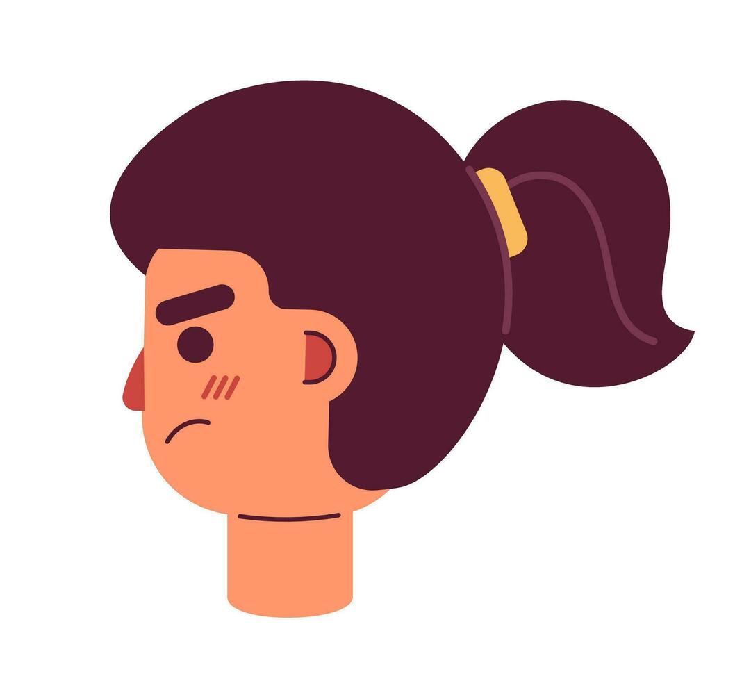 boos vrouw tiener met paardenstaart kant visie semi vlak vector karakter hoofd. geërgerd meisje. bewerkbare tekenfilm avatar icoon. gezicht emotie. kleurrijk plek illustratie voor web grafisch ontwerp, animatie