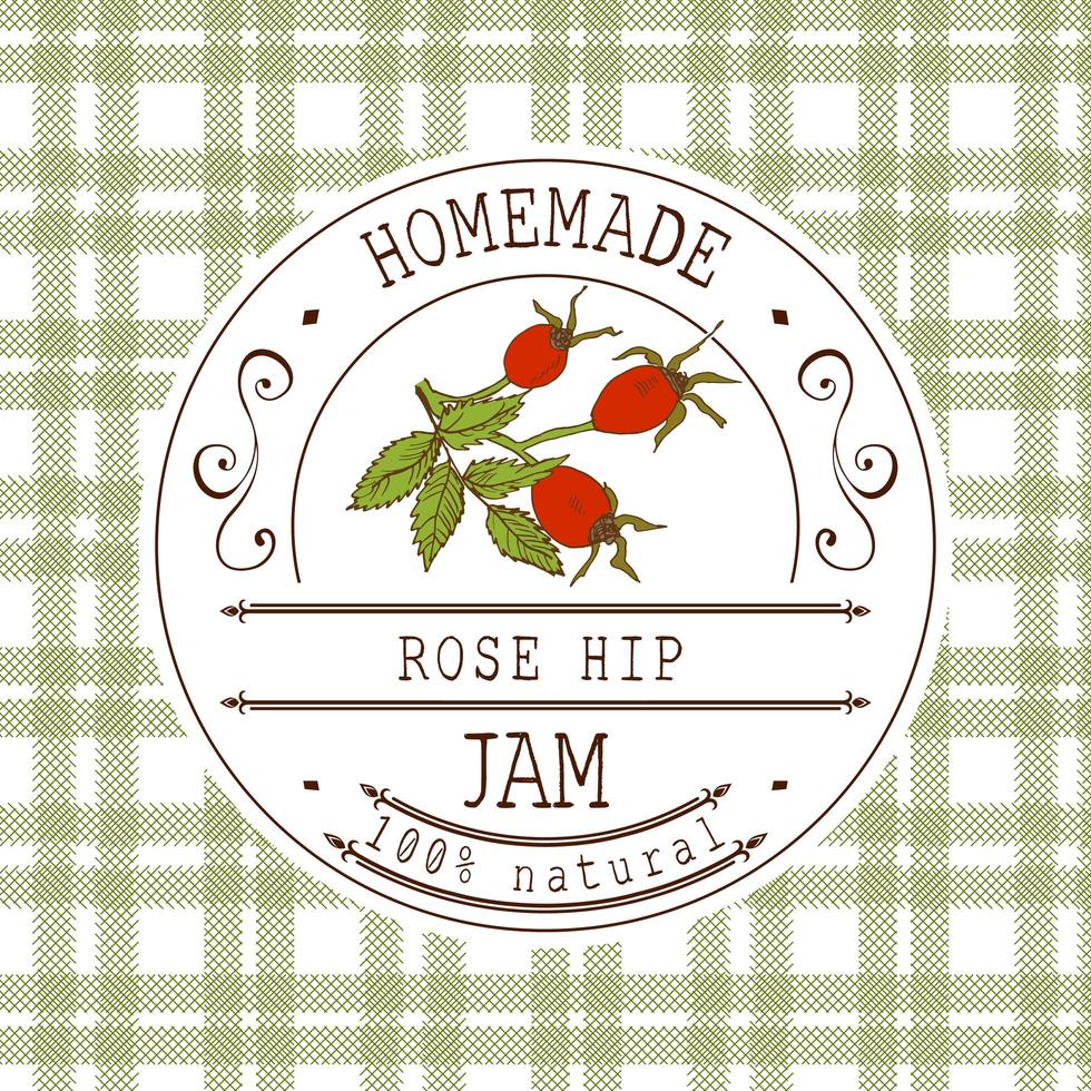 jam label ontwerpsjabloon. voor rozenbotteldessertproduct met hand getrokken geschetst fruit en achtergrond. doodle vector rozenbottel illustratie merkidentiteit