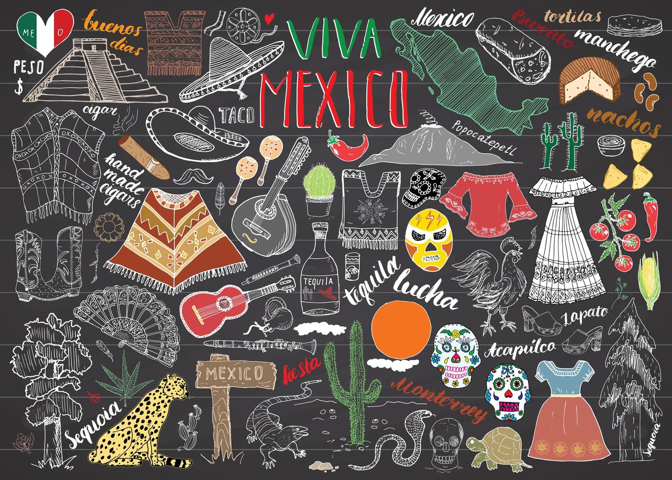 Mexico hand getrokken schets set vector illustratie schoolbord