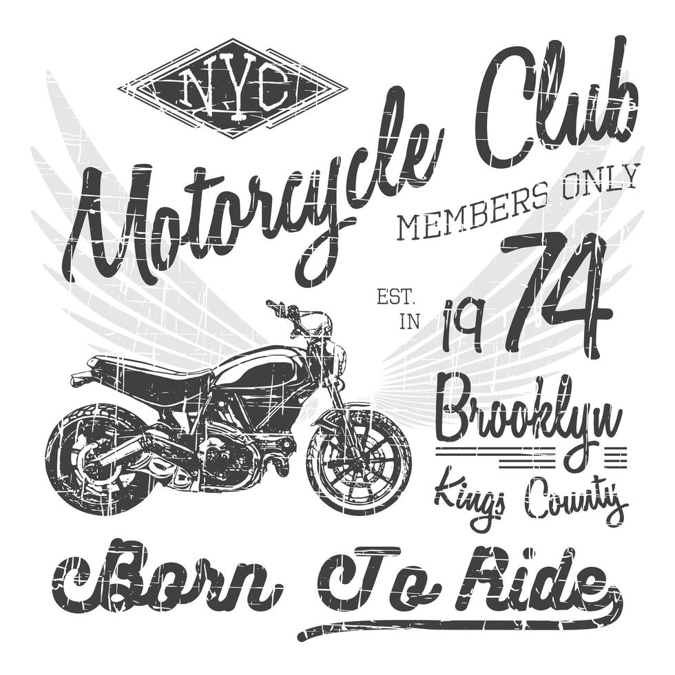 t-shirt typografieontwerp, motorfiets vector, nyc afdrukken afbeeldingen, typografische vectorillustratie, new york rijders grafisch ontwerp voor label of t-shirt print, badge, applique vector