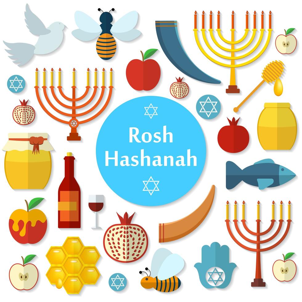 Rosj Hasjana, Shana Tova platte vector iconen set