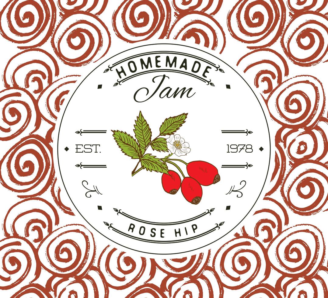 jam label ontwerpsjabloon. voor rozenbotteldessertproduct met hand getrokken geschetst fruit en achtergrond. doodle vector rozenbottel illustratie merkidentiteit