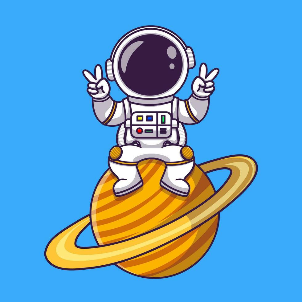 schattig astronaut zittend Aan planeet met vrede hand- tekenfilm vector icoon illustratie