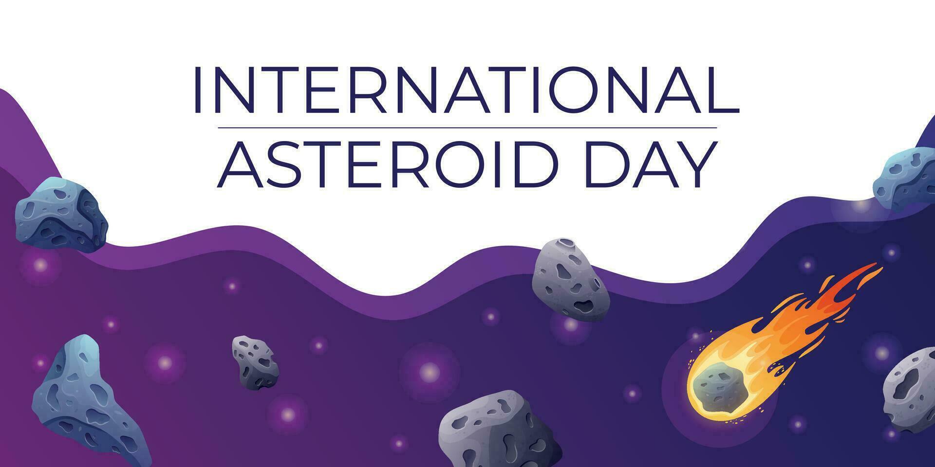 Internationale wereld juni vakantie asteroïde dag. vector tekenfilm ruimte banier met meteorieten en sterren.