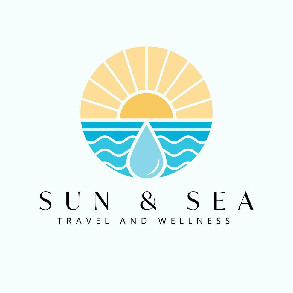 zon en zee vector logo ontwerp. zonsondergang of zonsopkomst en oceaan logo. tropisch reizen logo sjabloon.