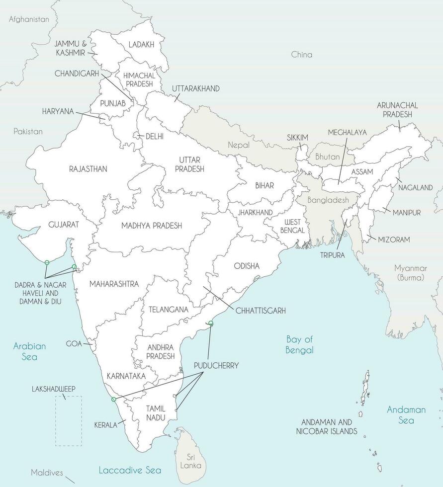 vector kaart van Indië met staten en territoria en administratief divisies, en naburig landen. bewerkbare en duidelijk gelabeld lagen.