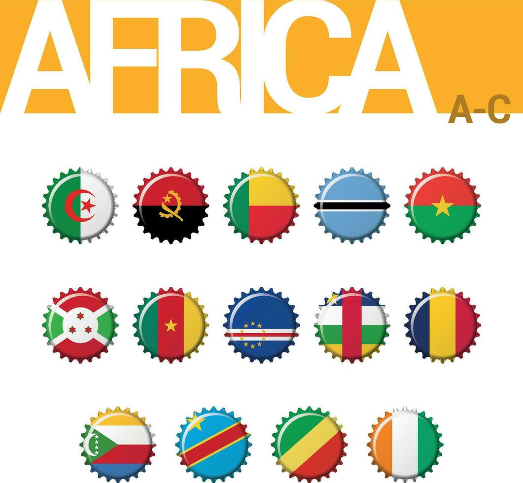 reeks van 14 flesdop vlaggen van Afrika. reeks 1 van 4. vector illustratie. Algerije, Angola, Benin, Botswana, Burkina faso, burundi, kameroen, kaap verde, auto, Tsjaad, comoren, Congo dr, Congo, cote dioire.