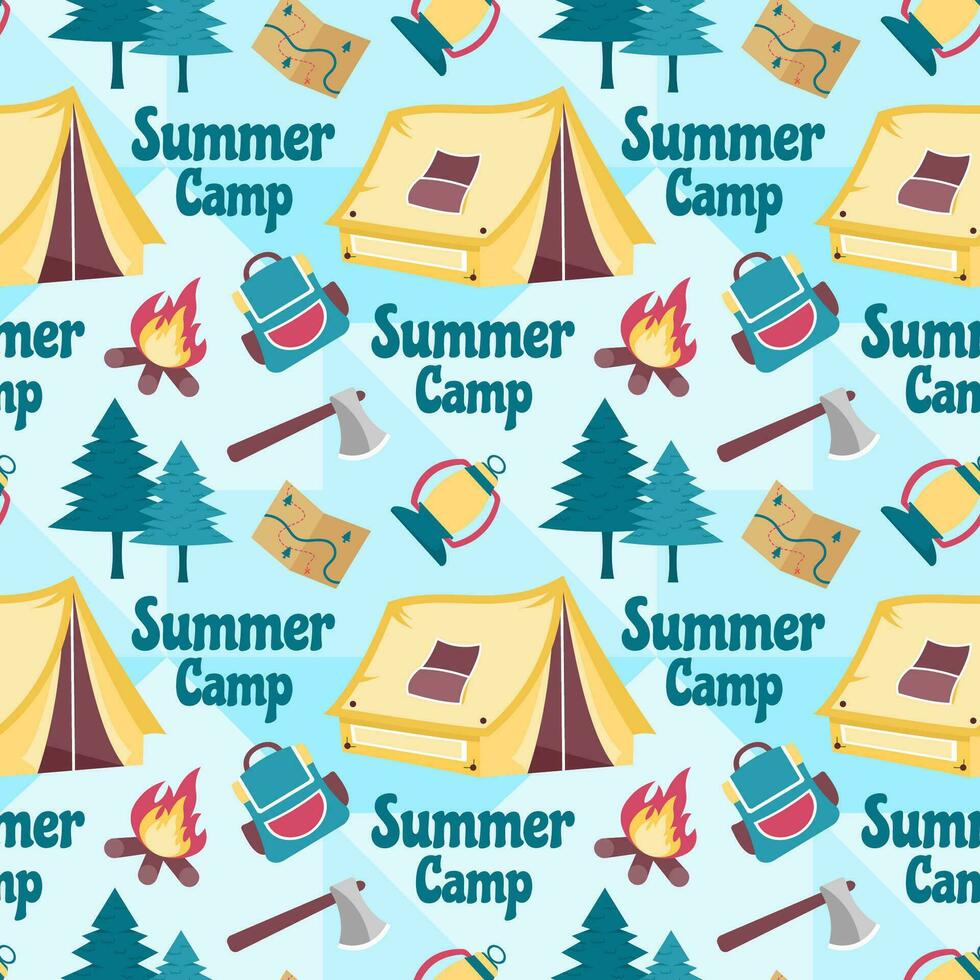 zomer kamp naadloos patroon ontwerp van camping en op reis element in sjabloon hand- getrokken tekenfilm vlak illustratie vector